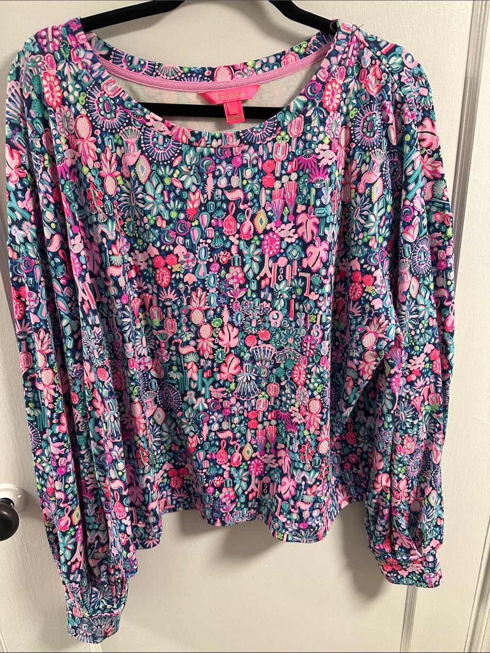 Lilly Pulitzer Floral Lightweight Sweatshirt- Pinks & Navy Background